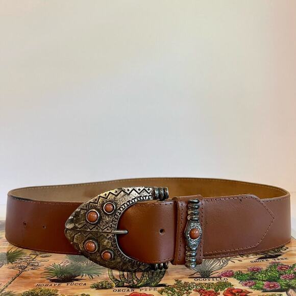 Vintage 90s Saffron Made in Italy Brown Genuine Leather Stone Buckle Belt M - Picture 1 of 13